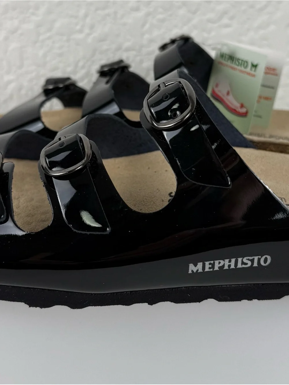 Mephisto Nolene Black Patent Leather Triple Strap Slide Sandals| NWT |EU 36 US 6